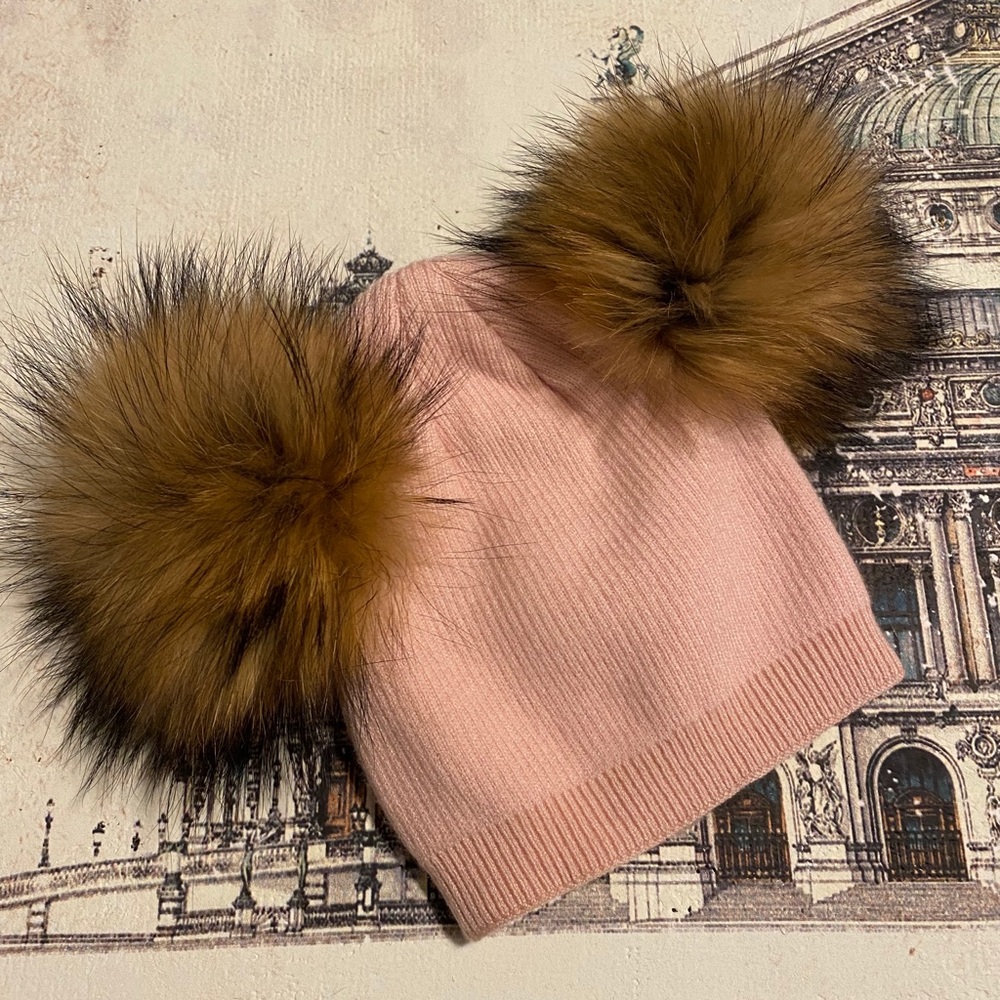Real fur baby hat with removable pompoms new